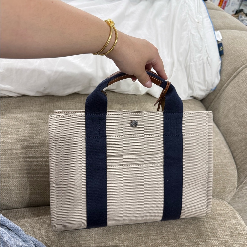 Tory Burch Cream and Navy Tote Bag